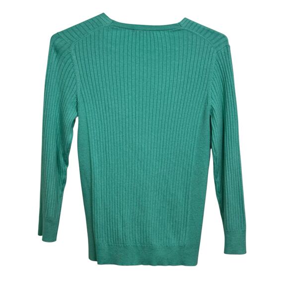 J. McLaughlin Size Medium Green Cotton Blend Ribbed V-Neck Pullover Sweater - Picture 4 of 6
